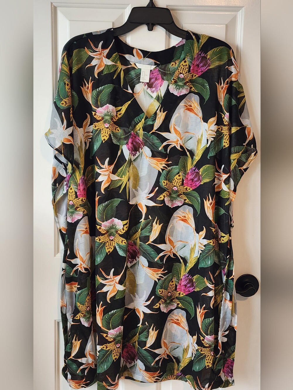 New H&M Black Floral Tropical Kaftan Tunic Dress Size XL